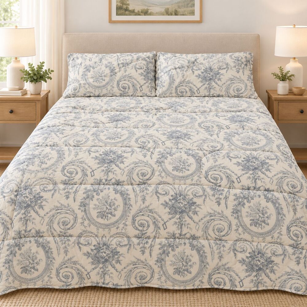 French Country Toile Cream Blue Queen Quilt Comforter Bedspread w 2 Shams Cannon